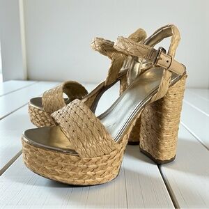 Guess Raffia Platform Heels | 5” Block Sandals | Resort Old Money Luxe | Size 7